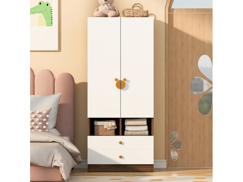  Armoire 2 portes 70 x 50 x 170 cm avec 2 tiroirs et niches, coloris bois et blanc  - Conforama D