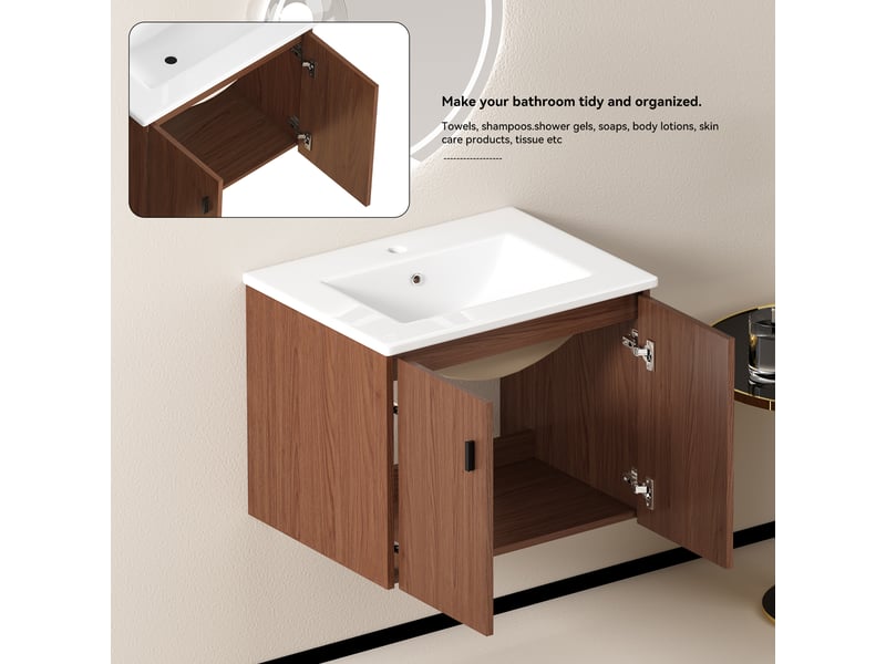  Meuble salle de bains 60 cm à 2 portes amorties - lpospi - rangement mdf, céramique marron rougeâtre  - Conforama E