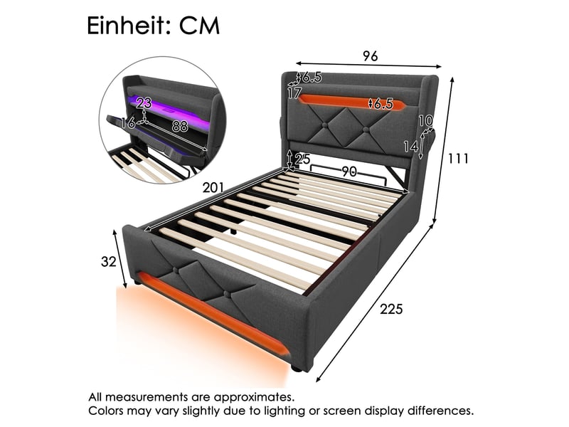 Lit coffre 90x200 cm rembourré, rangement hydraulique, led 360°, usb et type-c, tête de lit avec rangement, lin gris - Conforama C