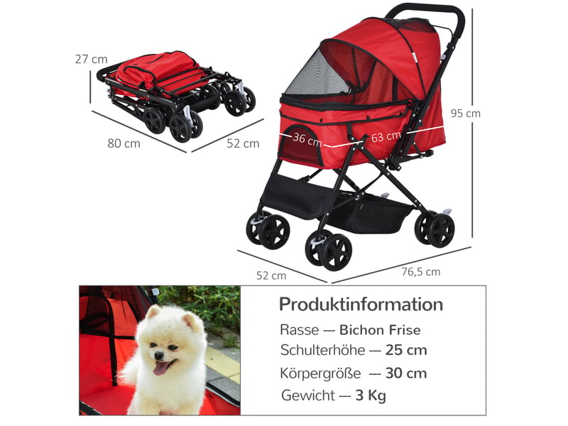 Poussette pour compacte 76,5 x 52 x 95 cm – rouge – pliable avec roues pivotantes et freins arrière - Conforama C