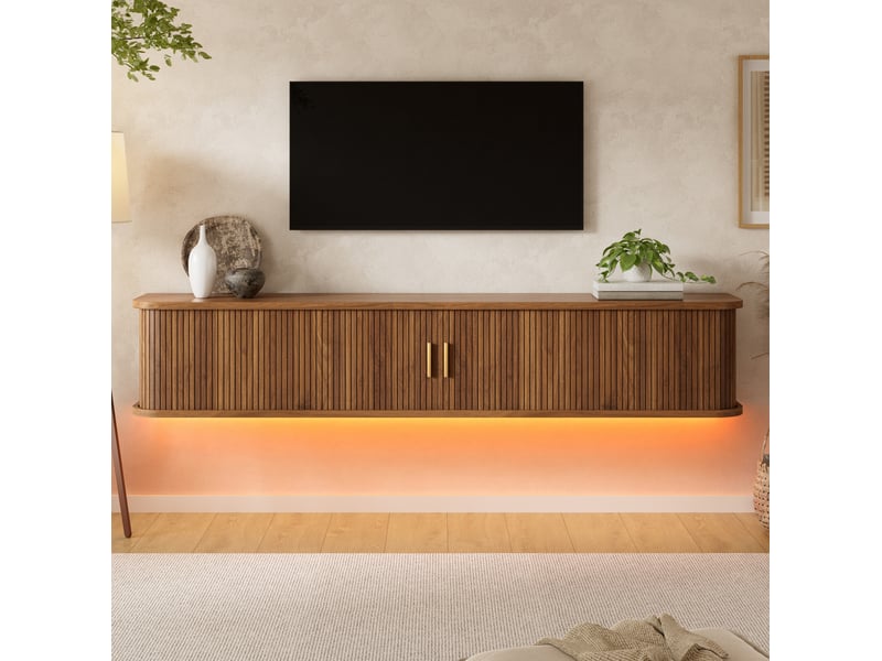  Meuble tv mural avec 2 portes coulissantes, tiroir, étagères réglables, led pour salon, mdf noyer, 175 × 30 × 30 cm  - Conforama B