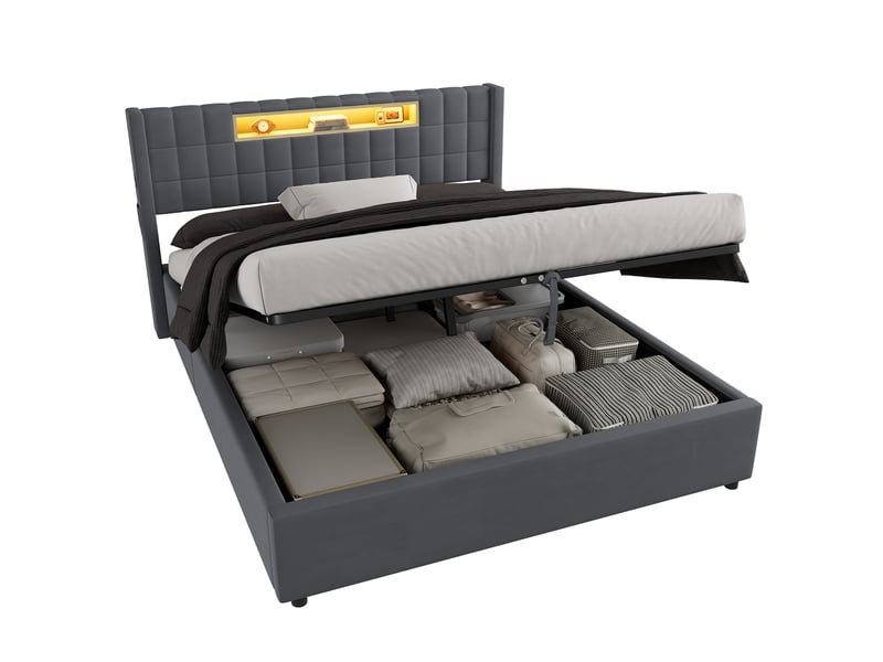 Lit coffre led capitonné avec tiroirs de rangement et ports usb en velours gris foncé 160 × 200 cm - Conforama A