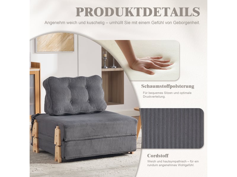 Fauteuil convertible lit simple 90x86x84 cm velours côtelé gris foncé design scandinave moderne - Conforama D
