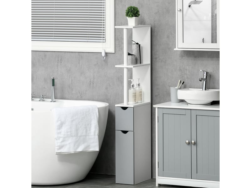  Colonne de salle de bain avec 2 étagères et 2 placards, en bois, 15,2 x 29,8 x 118 cm, blanc et gris  - Conforama C