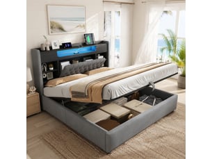 Lit coffre ulevr 180x200 cm avec led, usb et usb-c, tête de lit avec étagère et rangement, en tissu de lin gris