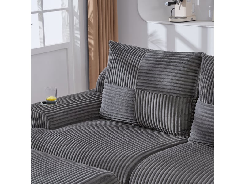  Canapé modulaire 3 places 268x174x80 cm confortable porte-gobelet poche latérale velours côtelé gris foncé  - Conforama R