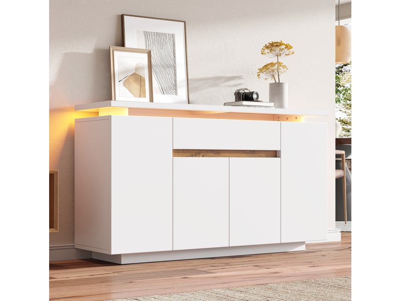 Buffet 140x40x80 cm led 1 tiroir 4 portes panneau de particules blanc - Conforama C