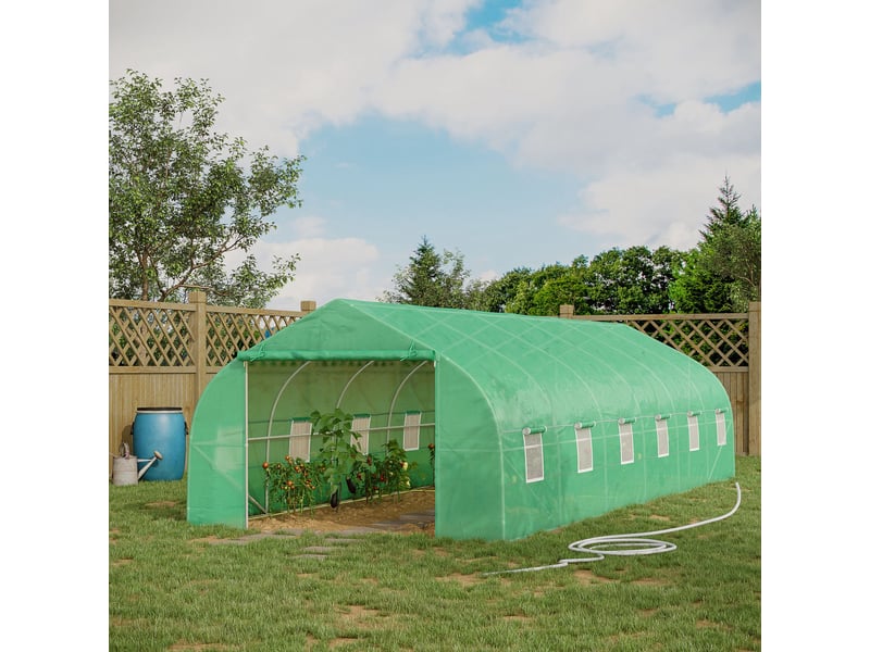 Serre tunnel extérieur 8x3x2 m, 12 fenêtres, porte enroulable, plantestomateslégumes, acierpe 140 gm², vert. - Conforama D