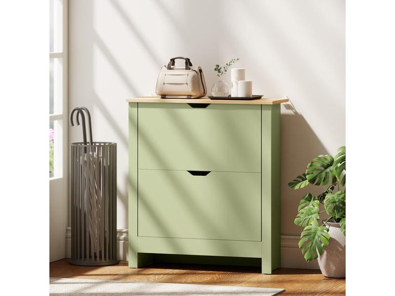  Armoire à chaussures étroite pour 12 paires avec 2 tiroirs rabattables et étagères réglables vert  - Conforama D