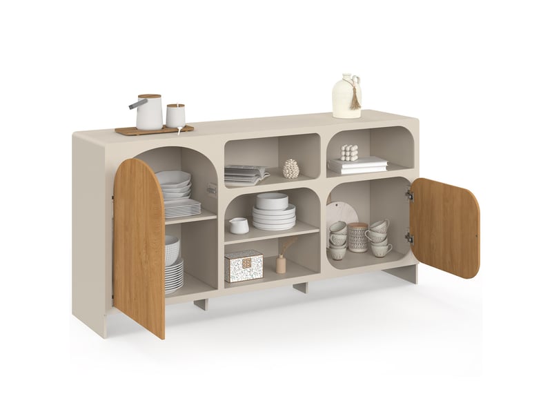  Buffet 160 cm athena 2 portes avec 4 niches design organique beige et effet bois  - Conforama D