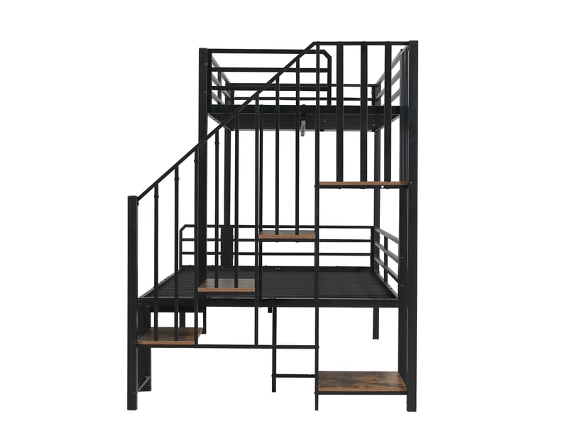  Lit superposé métal 90120x200cm - sécurisé - angles arrondis - escalier avec main courante - noirbois  - Conforama W