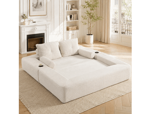 Canapé droit convertible 2 places en velours côtelé beige, avec poches latérales et porte-gobelets intégrés