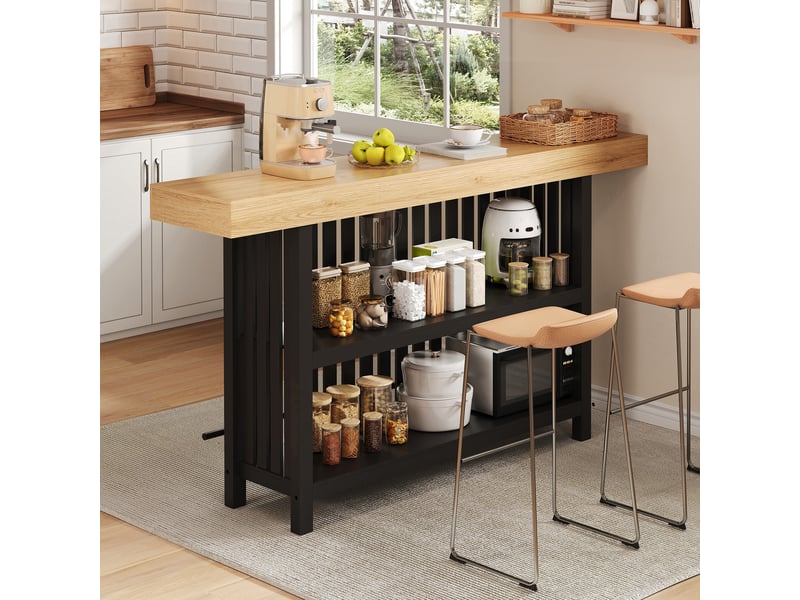  Table de bar haute 160 x 40 x 105 cm, 2 étagères et repose-pieds, mdf, noir et effet bois Sol Morn - Conforama D