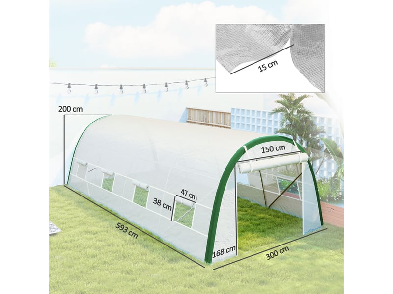  Serre de jardin tunnel 18 m² dim. 6l x 3l x 2h m - 8 fenêtres, porte zippée enroulable, acier galvanisé, bâche pe, blanc  - Conforama E