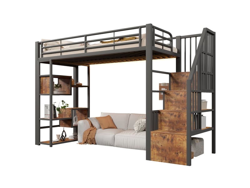  Lit mezzanine enfant 90x200 cm avec rangements et led, noir  - Conforama A