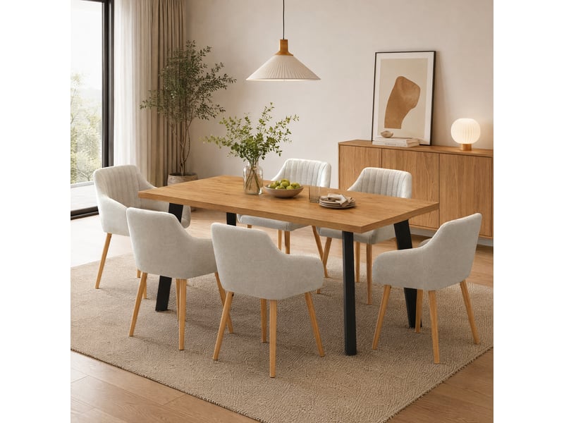  Ensemble table et 6 chaises - table rectangulaire 160x80 cm monobloc en chêne sauvage et pieds métal, 6 chaises en tissu beige et pieds bois  - Conforama B