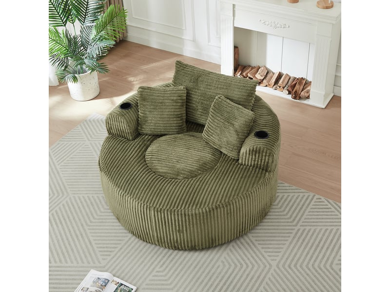  Canapé droit, fauteuil lounge rond en velours côtelé, dessous antidérapant, pour salon et chambre, 63 x 142 x 142 cm, vert  - Conforama D