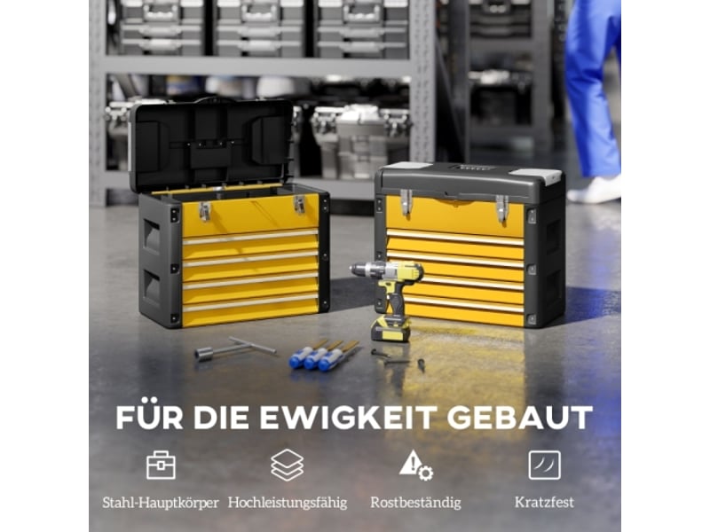  Caisse à outils vide en acier jaune 49,7 × 25,3 × 40,7 cm, 4 tiroirs et mini-boîte de rangement  - Conforama B