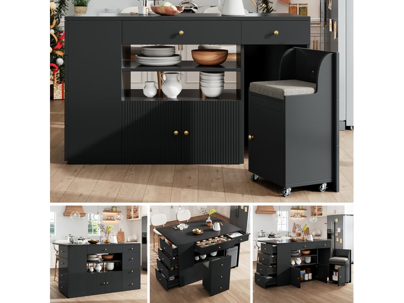  Desserte de cuisine avec 6 tiroirs, 2 niches et tabouret de rangement pour cuisine, 140 × 40 × 89 cm  - Conforama C