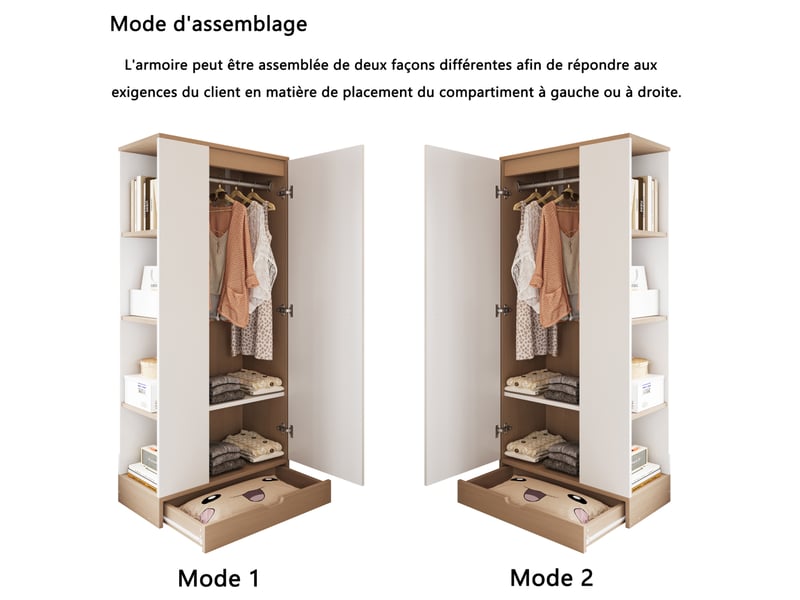  Armoire 1 porte 70x40x170 cm – naturel et blanc – avec étagères et tiroirs, rangement gain de place  - Conforama E