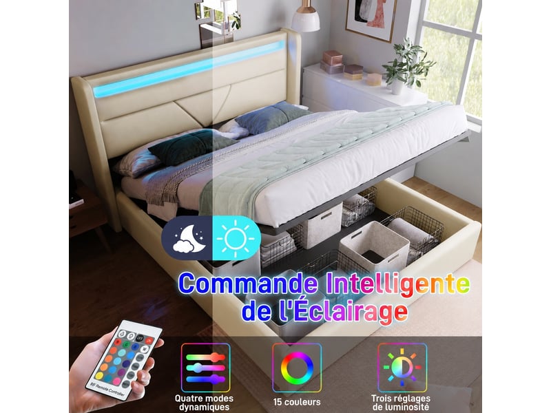  Lit coffre hydraulique 160x200, tête de lit led avec télécommande, pu blanc  - Conforama D