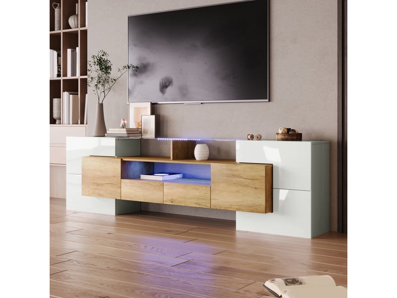  Meuble tv 200 cm – blanc laqué, led app, 6 portes + 2 tiroirs  - Conforama E