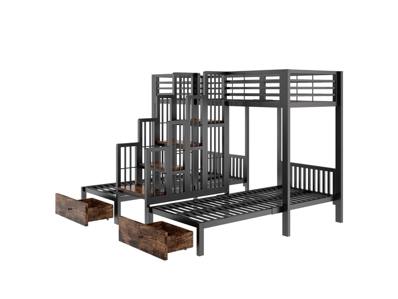 Lit superposé 90x200 cm noir en métal avec escalier central et tiroirs - Conforama D