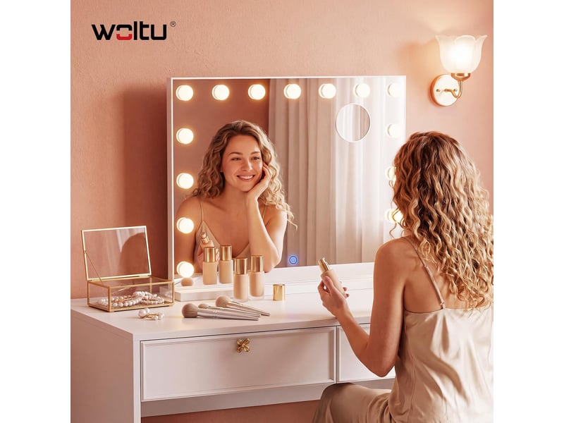  Miroir coiffeuse led, 15 ampoules led réglables,rectangulaire,58x48 cm, avec loupe grossissant 5x amovible, port usb type-c  - Conforama B