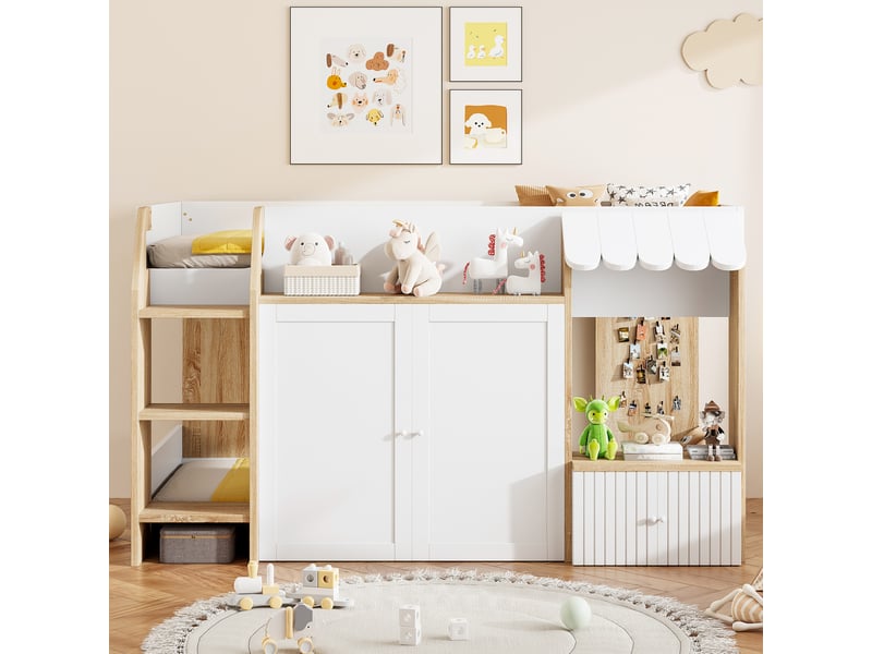Lit mezzanine enfant 90x200 cm – blanc et bois naturel – rangements fermés, échelle large – sans matelas - Conforama B