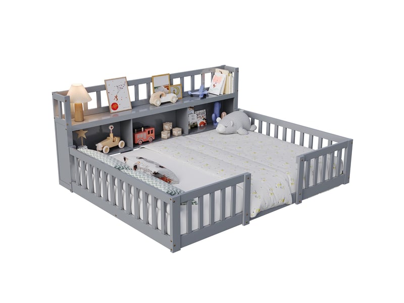  Lit enfant montessori 140x200 cm, lit simple, lit au sol montessori avec bibliothèque et barrières, bois, sommier, gris  - Conforama A