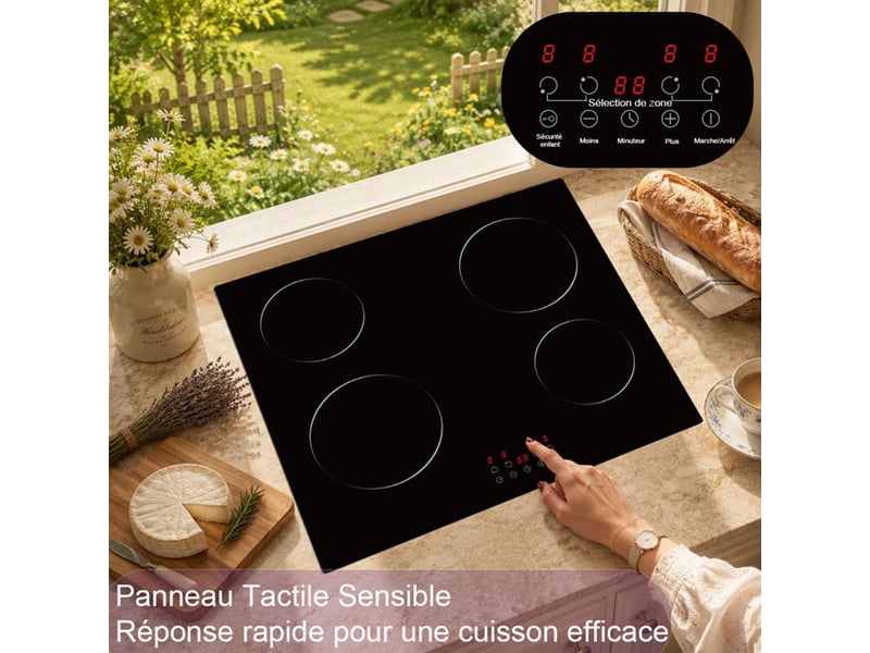  Table de cuisson vitrocéramique encastrable 4 zones 6000w 9 niveaux minuterie 99 min verrouillage sécurité  - Conforama E