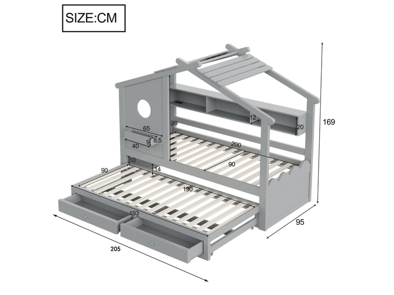  Lit enfant lit simple avec led 90x200 cm avec lit gigogne 90x190 cm lit cabane design en forme de maison avec deux tiroirs et étagères gris  - Conforama E
