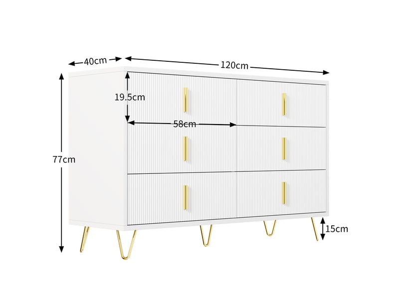  Commode bas 6 tiroirs 120x77x40 cm, ondulé, poignées et pieds dorés, panneau de particules, blanc et doré  - Conforama C
