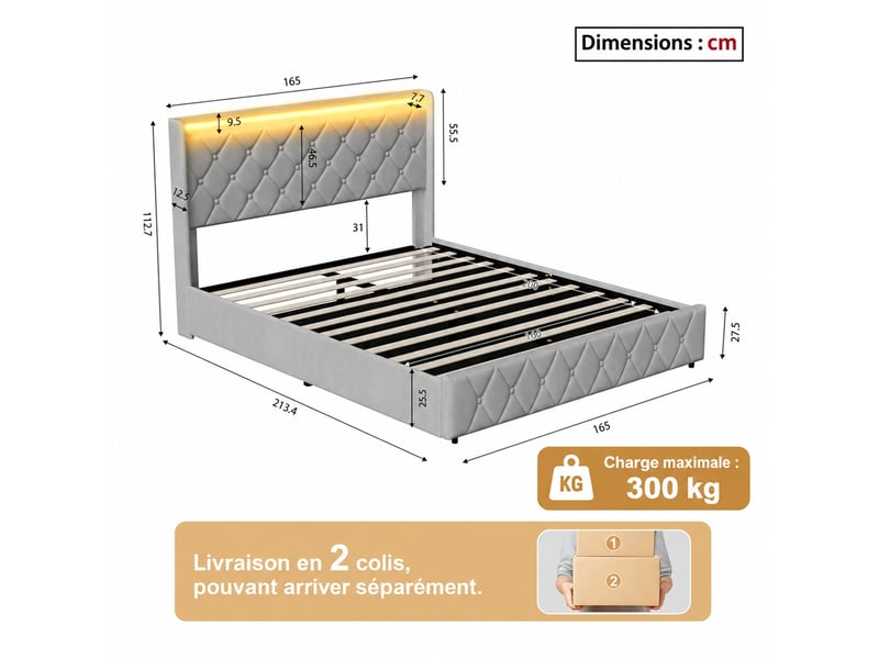  Lit coffre 160x200 cm avec led et usb, lit adulte capitonné avec rangement hydraulique, lit 2 places avec sommier à lattes, lit double avec tête de lit rembourrée, velours gris  - Conforama C