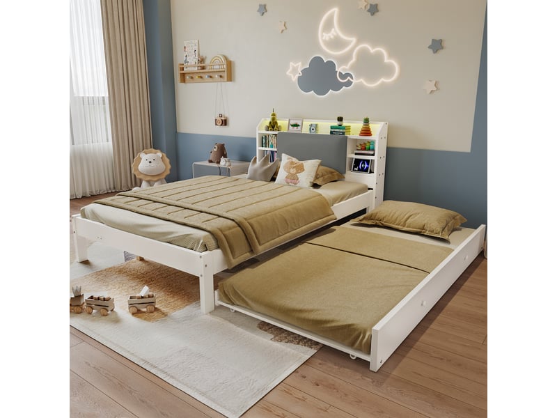  Lit superposé avec lit gigogne 120x200 cm et 90x190 cm blanc en bois avec tête de lit rembourrée rangement led et station de charge  - Conforama D