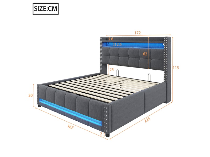  Lit coffre 160 x 200 cm gris en tissu de lin avec led et prise usb  - Conforama E