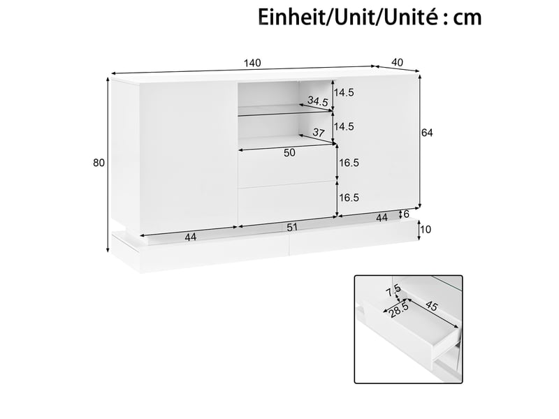 Buffet 140x40x80 cm avec led, 2 tiroirs et 2 portes blanc brillant - Conforama C