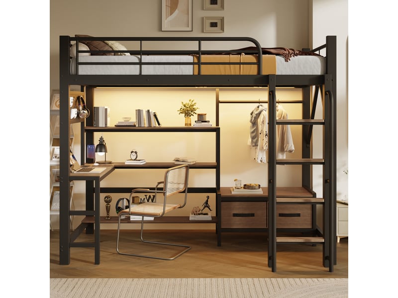 Lit mezzanine enfant 1 place 90×200 cm bureau, led réglable et usb - rangement, sans matelas métal mdf noir - Conforama C