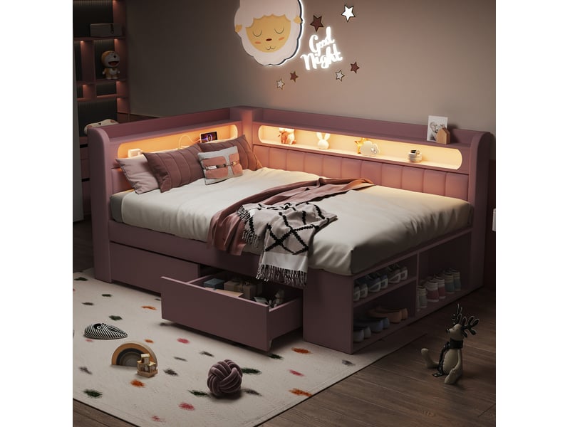  Lit avec rangement 90x200 cm rose avec led, usb, 2 tiroirs et meuble à chaussures  - Conforama D