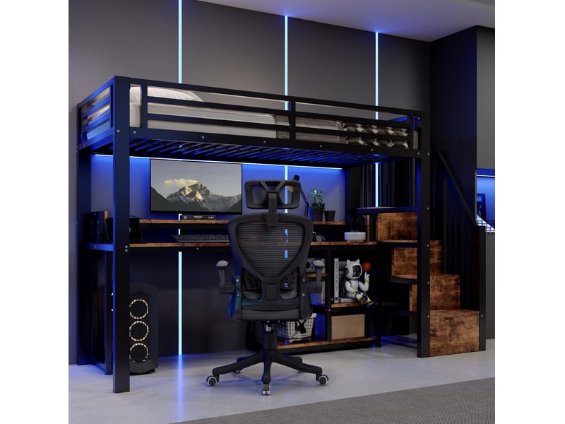  Lit mezzanine 90x200 cm avec escalier de rangement, led et usb-c noir  - Conforama B