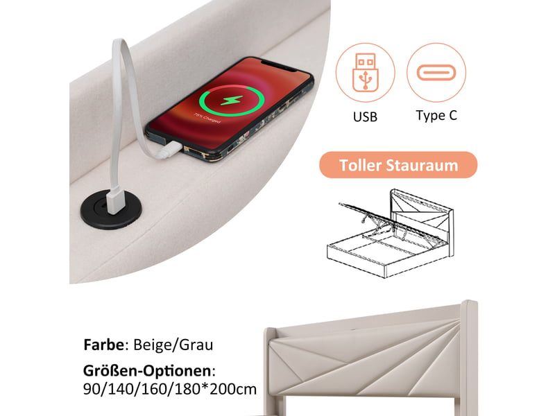  Lit coffre enfant 90x200 cm, espace de rangement, usb type-c et sommier, coton lin beige, sans matelas  - Conforama R