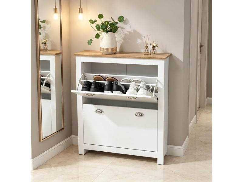  Meuble à chaussures ulevr à 2 abattants, étagères réglables, 79 x 23 x 90,5 cm, mdf chêne et blanc  - Conforama D