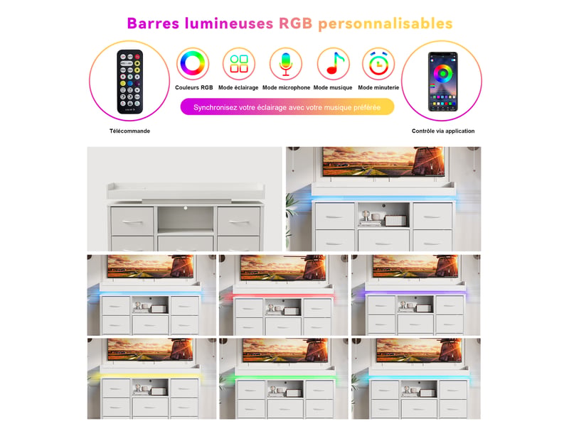  Commode avec 8 tiroirs en tissu,armoire avec led et station de recharge,cadre en métal,100x30x82cm,blanc,style moderne  - Conforama R