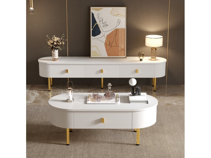  Table basse 108x50x40 cm blanche et dorée avec 2 tiroirs  - Conforama D