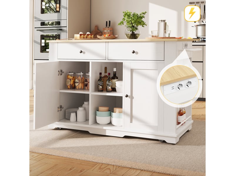  Îlot de cuisine 151.5 x 59.7-84.7 x 91.7 cm, avec plateau rabattable, prises intégrées, 2 tiroirs et 6 compartiments, blanc  - Conforama B