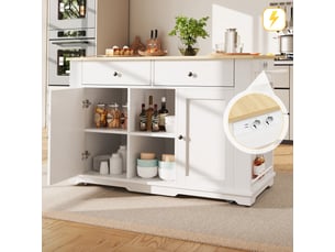 Îlot de cuisine 151.5 x 59.7-84.7 x 91.7 cm, avec plateau rabattable, prises intégrées, 2 tiroirs et 6 compartiments, blanc