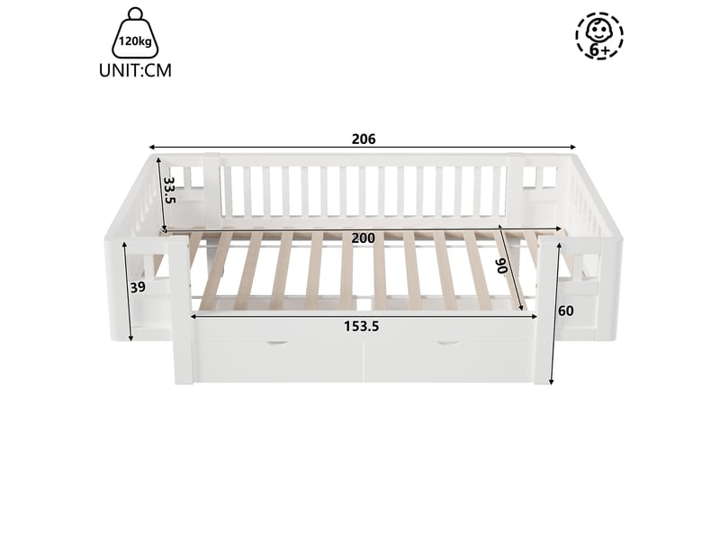  Lit enfant 90x200 cm, blanc, bois et mdf, doté de barrières hautes et de 2 tiroirs de rangement, sans matelas  - Conforama C