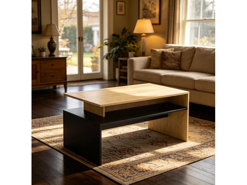  Table basse moderne avec étagère de rangement, noire et décor bois, mdf  - Conforama B
