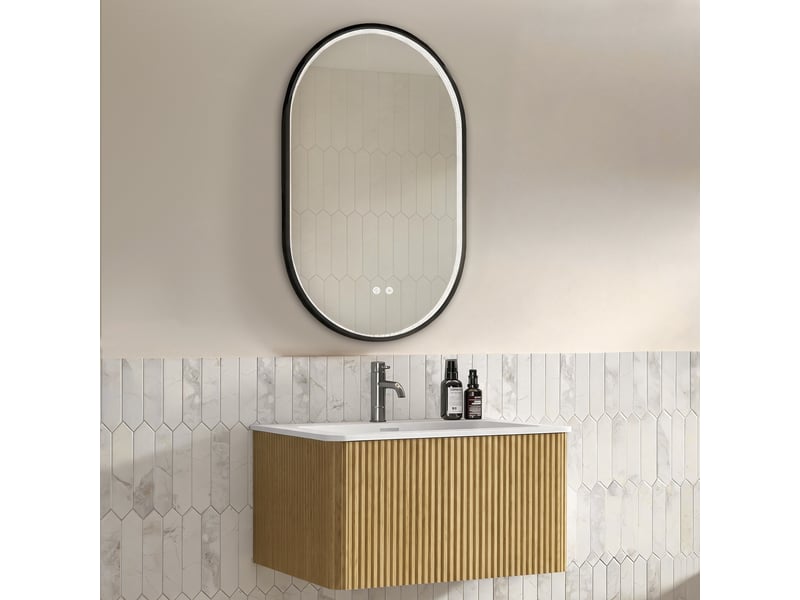  Meuble sous vasque suspendu avec miroir led et fonction anti-buée pour salle de bain, finition chêne  - Conforama B