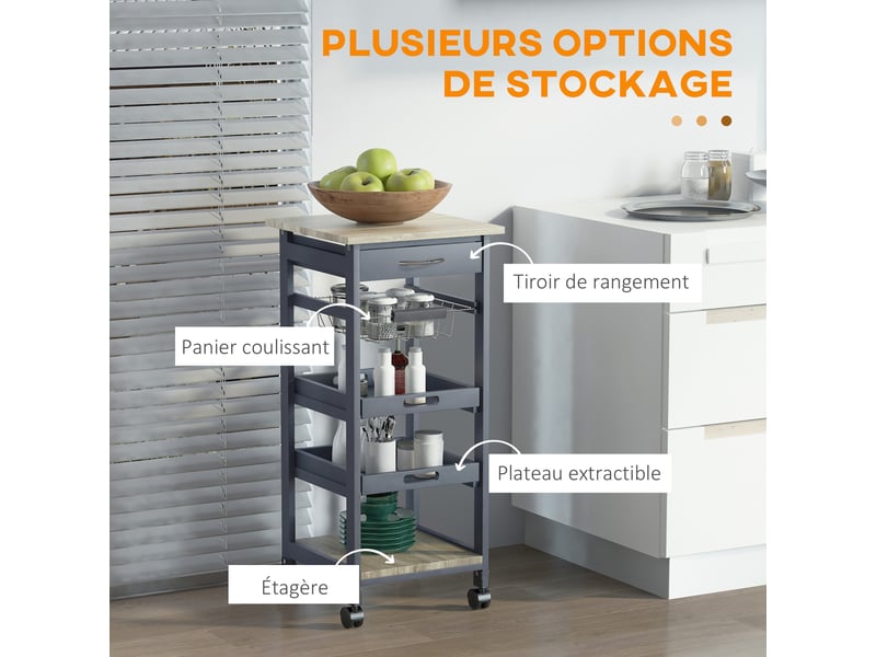  Chariot de service desserte de cuisine à roulettes panier + 2 plateaux amovibles, étagère en bois chêne clair, tiroir  - Conforama A